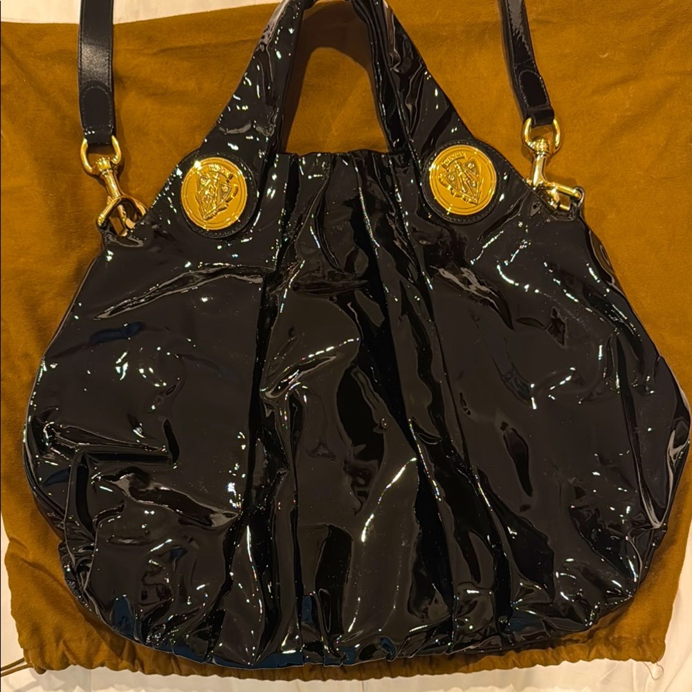 Gucci Black Patent Leather Shoulder Bag with Gold Accents